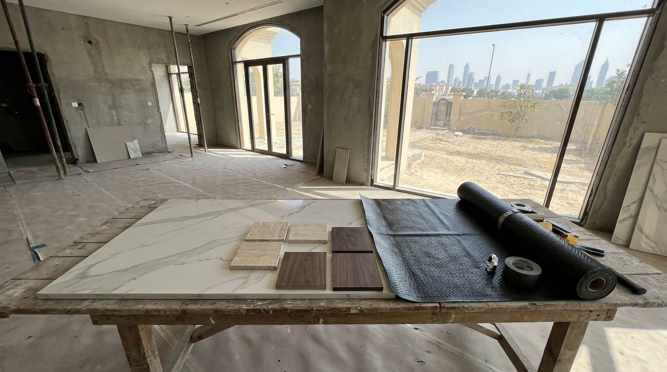 Kitchen, bathroom, and garden refurbishment materials coordinated for an occupied Dubai family villa