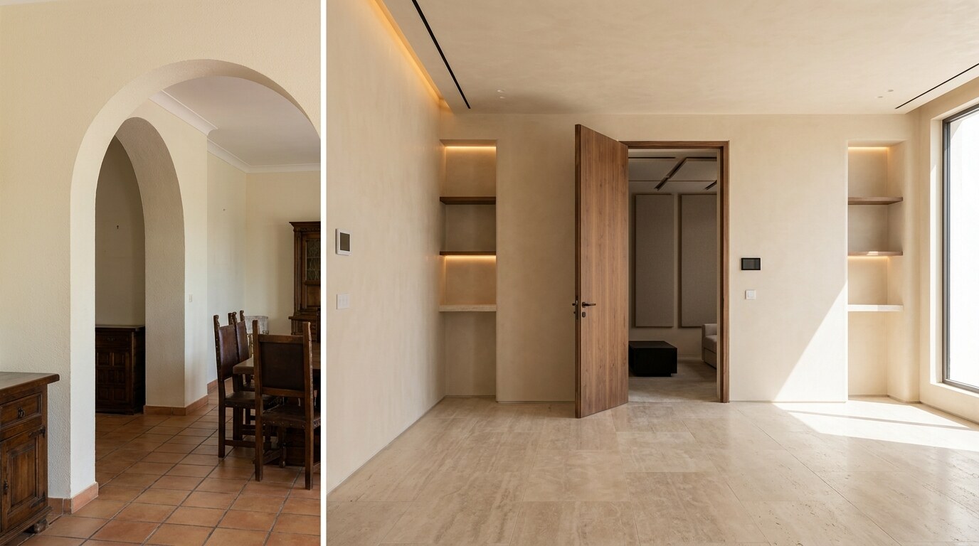 Luxury Renovation for 2000s Dubai Villas: Mediterranean Shell to Modern Residence visual reference 1 showing before and after inspired Dubai villa interior transforming Mediterranean arches into modern warm minimal luxury