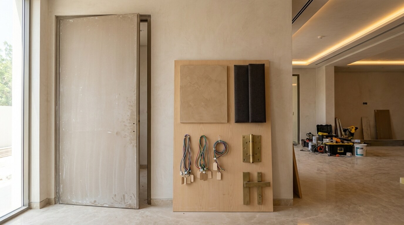 Luxury Renovation for 2000s Dubai Villas: Mediterranean Shell to Modern Residence visual reference 2 showing renovation specification board with Venetian plaster sample, cinema acoustic panel, smart wiring tags, and pivot door hardware